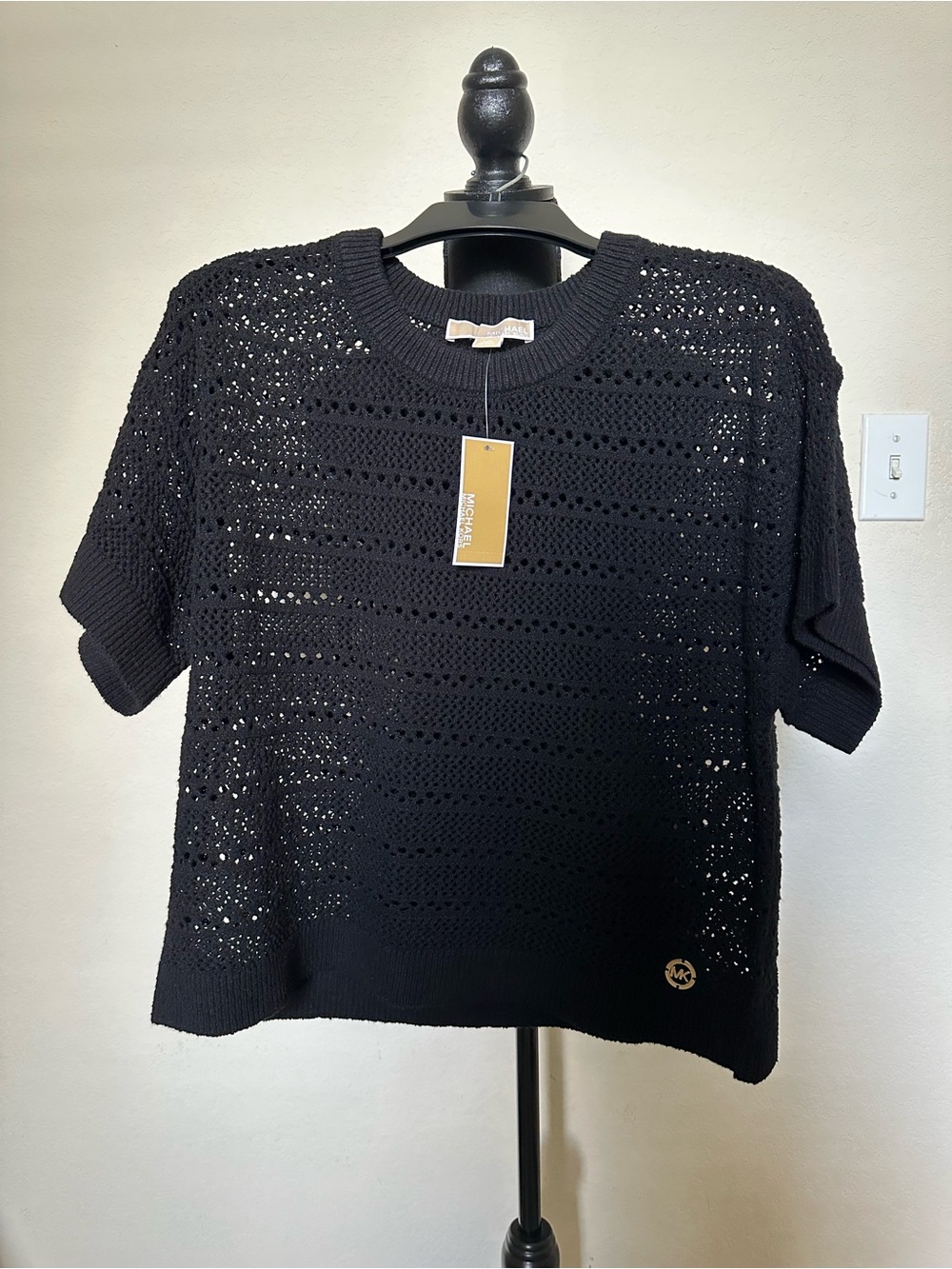 Michael Kors Black Eyelet Knit Short Sleeve Sweater. Size Large. NWT